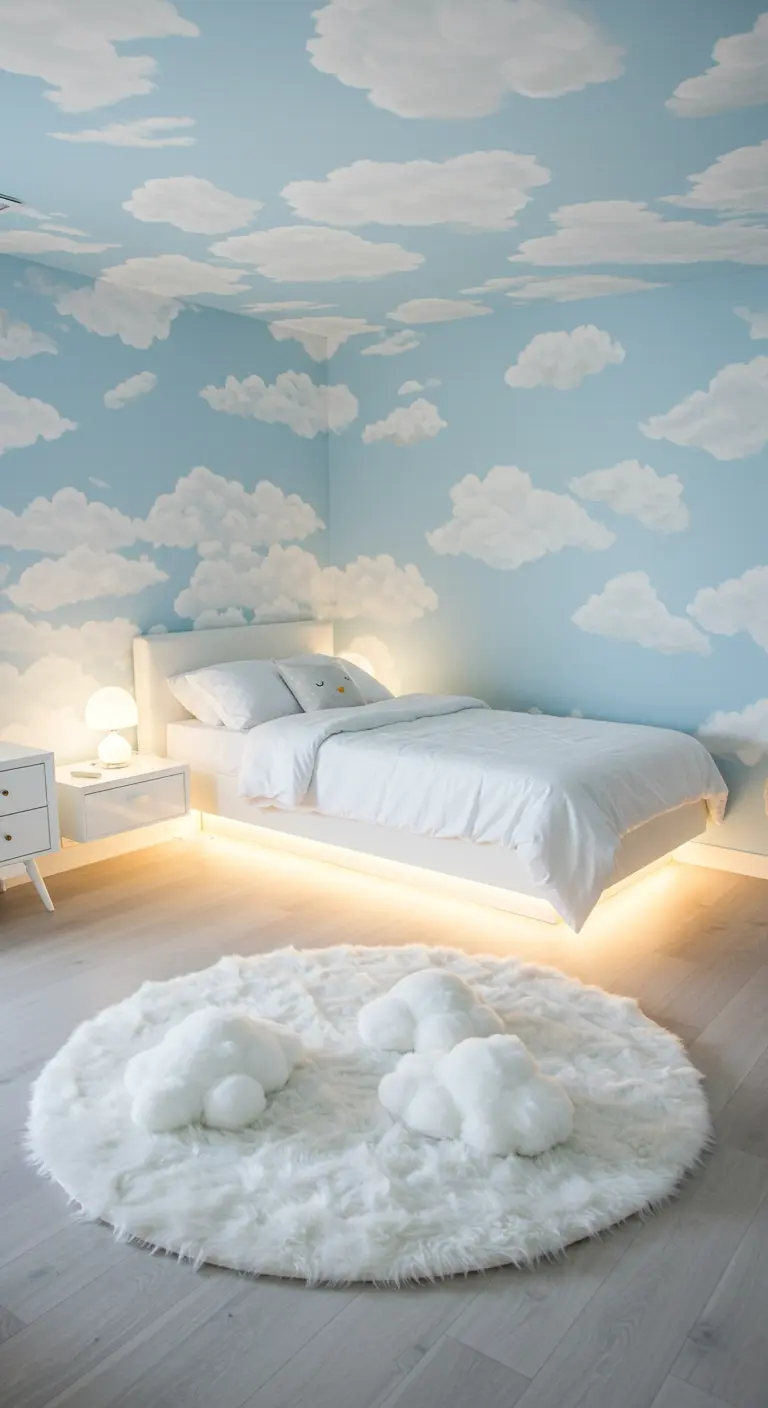 Habitación con paredes y techo pintados como un cielo azul con nubes blancas y una cama flotante.