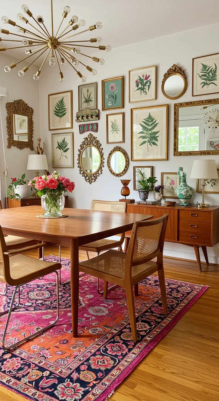 Comedor ecléctico con alfombra fucsia, galería de láminas botánicas y espejos dorados