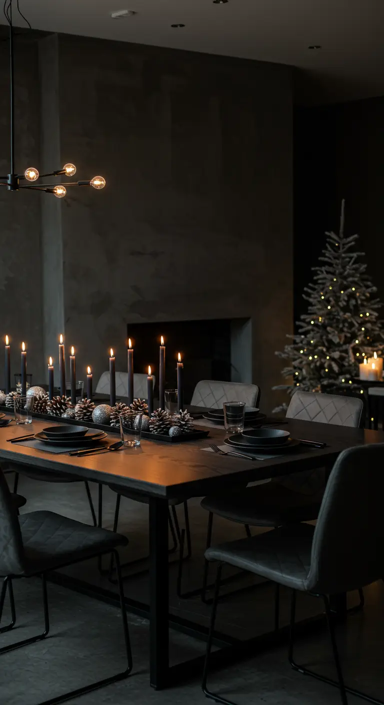 Mesa de comedor oscura y moderna con velas negras, piñas plateadas y un árbol de Navidad al fondo.