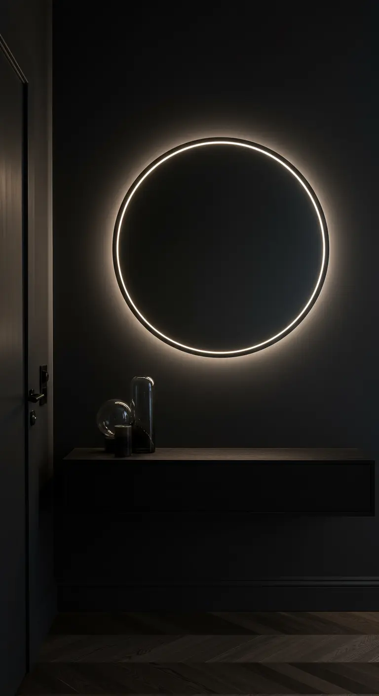 Recibidor oscuro y minimalista con un espejo redondo retroiluminado que crea un efecto de halo