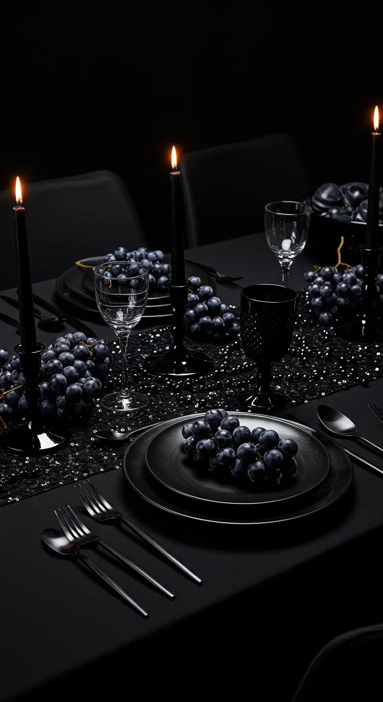 Mesa completamente negra con vajilla, velas, un camino de lentejuelas y uvas moradas.