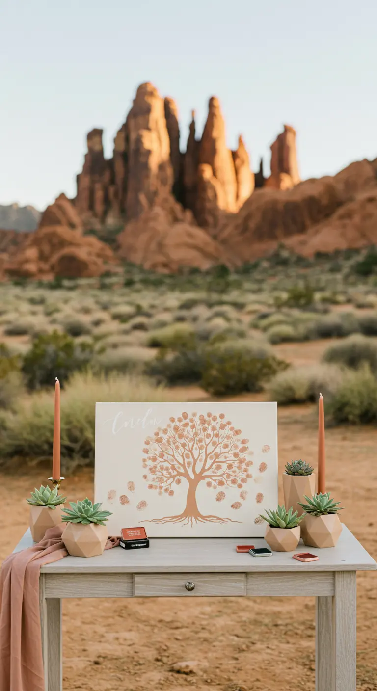 Árbol de huellas en tonos tierra en una mesa en el desierto con formaciones rocosas.