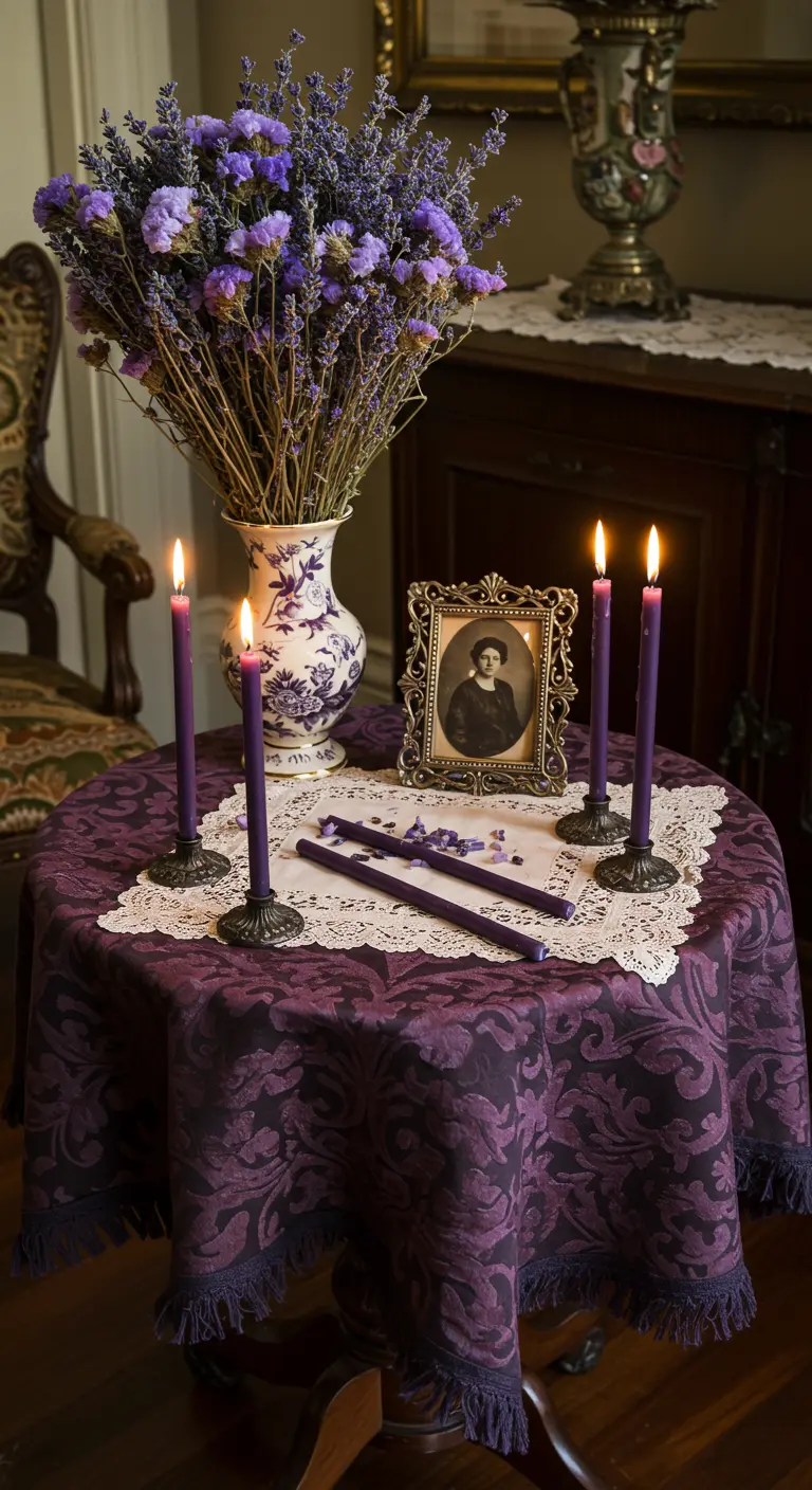 Mesa redonda con mantel morado, tapete de encaje, foto antigua y velas delgadas.