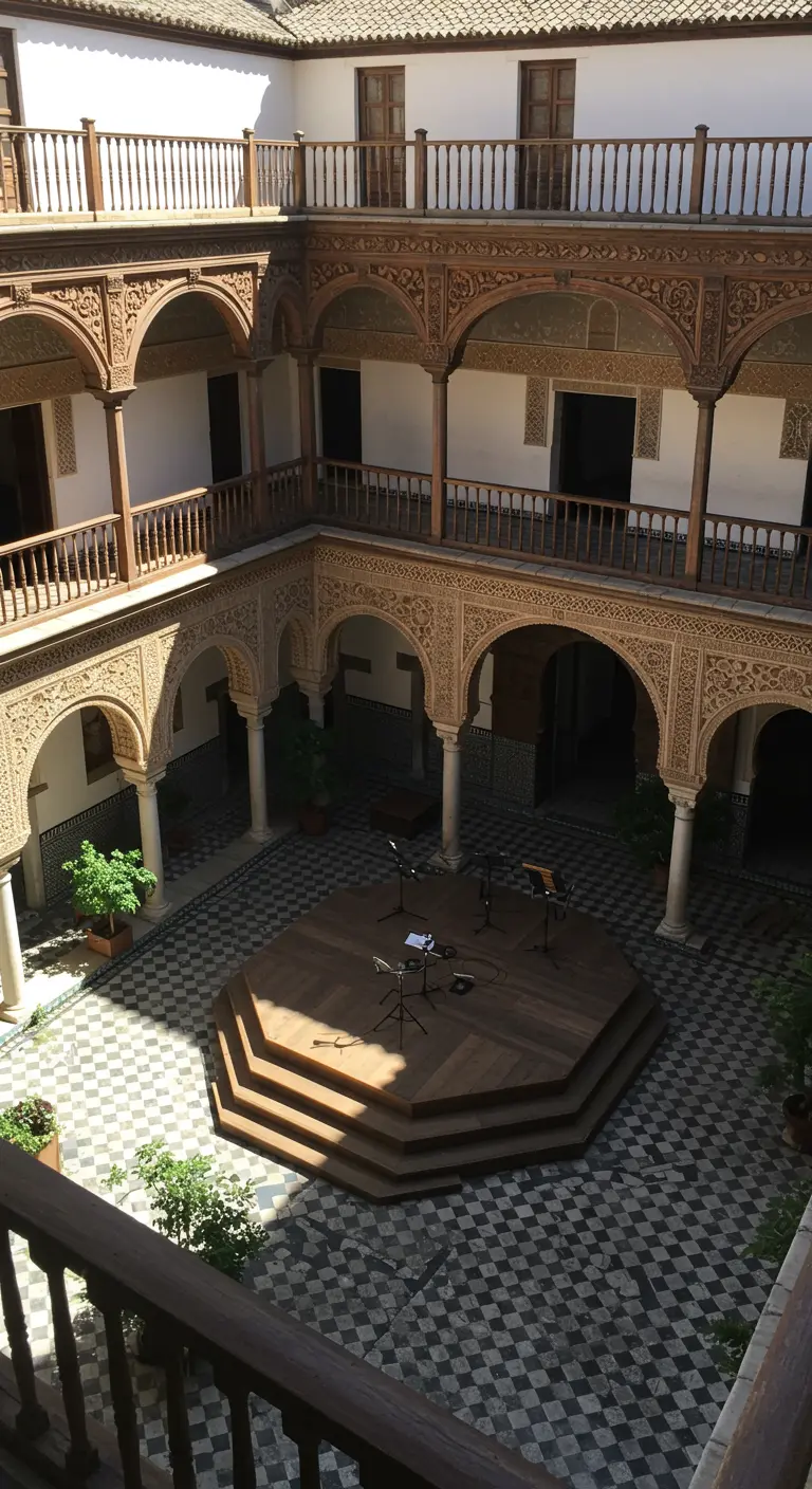 Patio interior de estilo mudéjar con arcos, columnas, barandillas de madera y suelo de damero