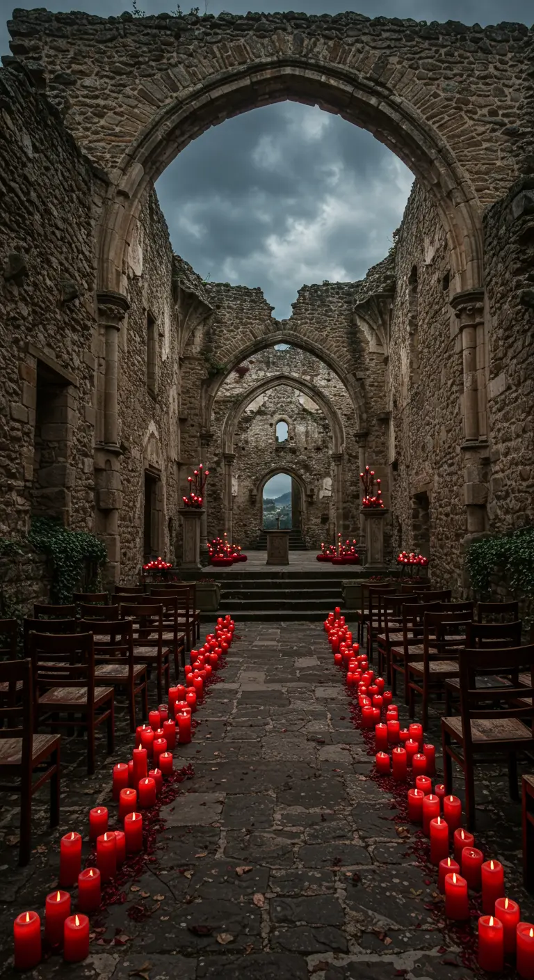 Pasillo de velas rojas en las ruinas de una iglesia de piedra.