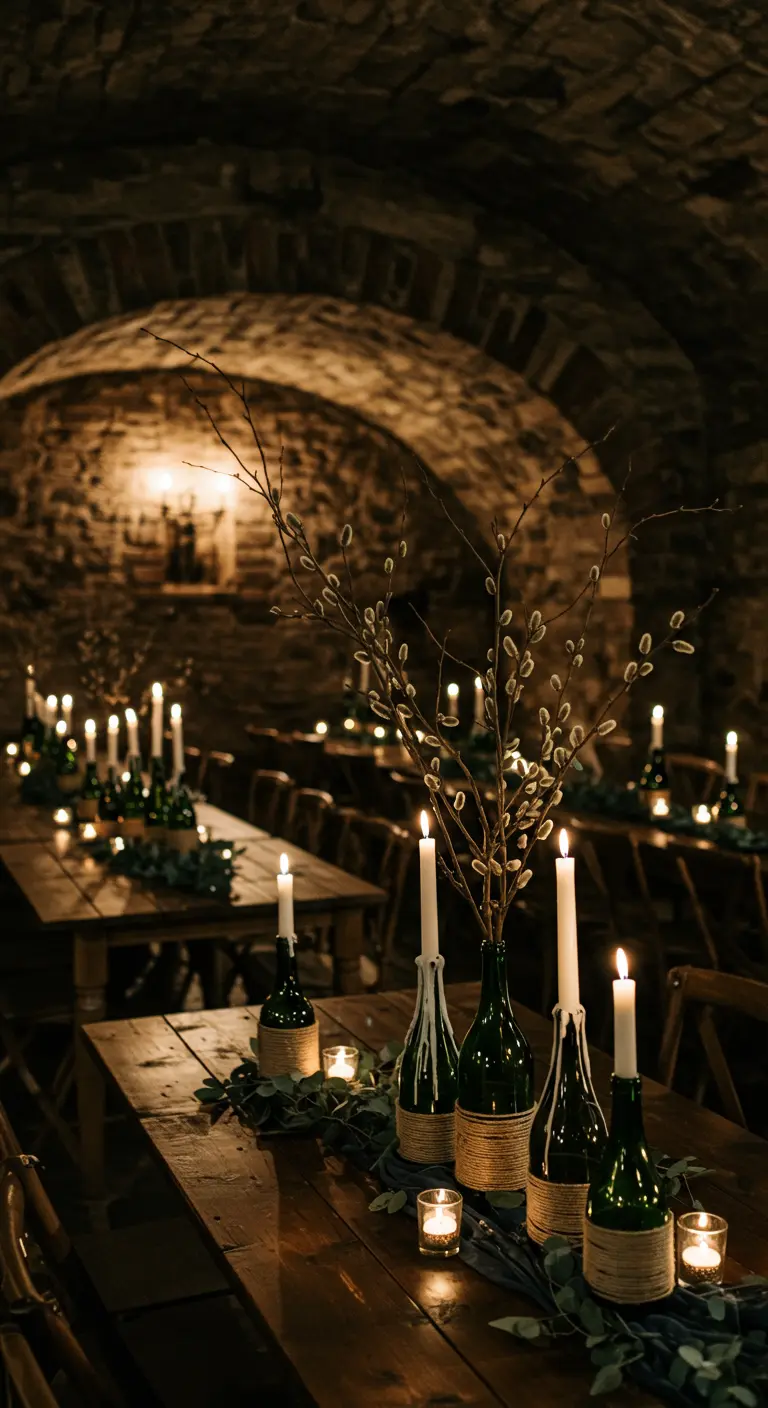 Centros de mesa con botellas de vino verde, ramas de sauce y velas largas en una bodega.