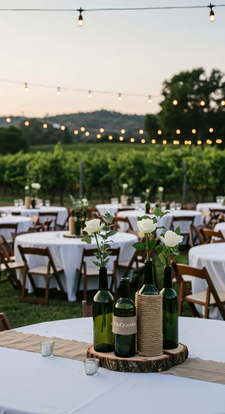 Centro de mesa con botellas de vino recicladas y rosas blancas en una boda en un viñedo.