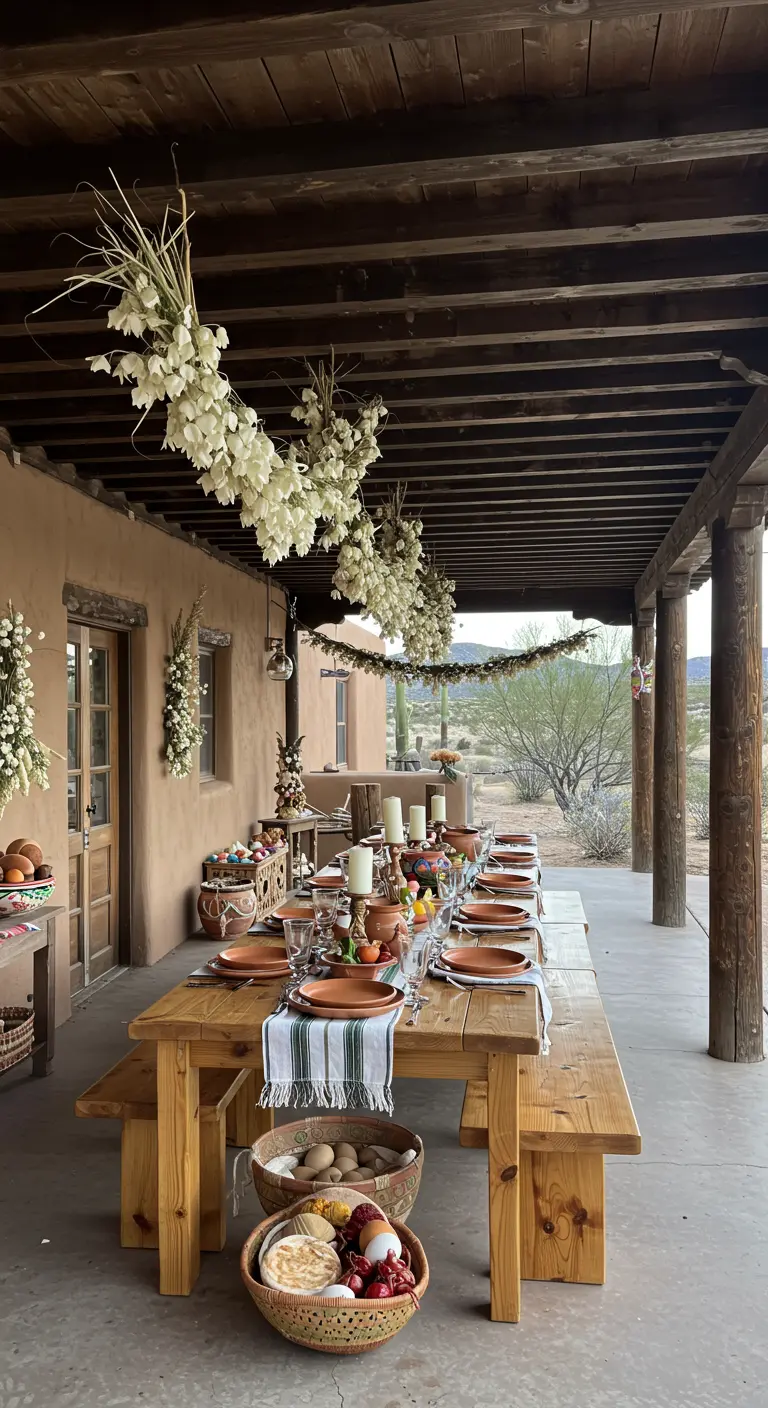 Porche de estilo suroeste con guirnaldas de flores de yuca secas colgando del techo.