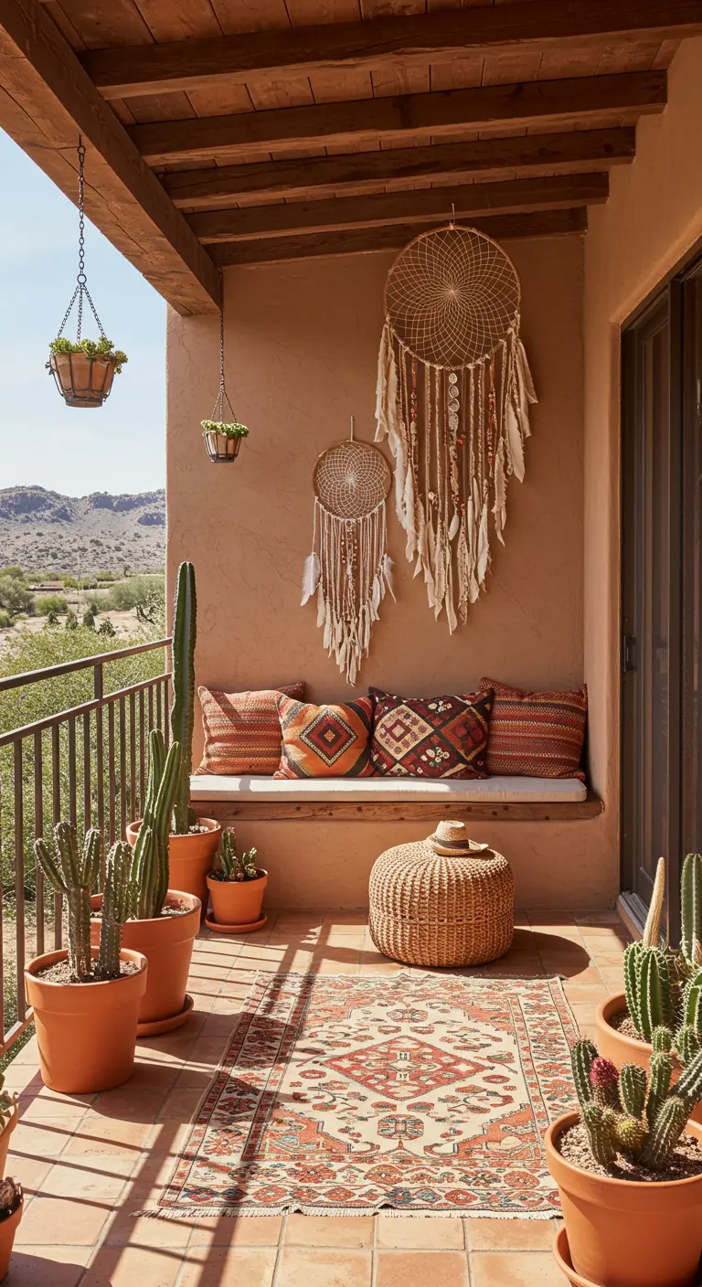 Porche de estilo desértico con banco de obra, cojines navajos, cactus y grandes atrapasueños.