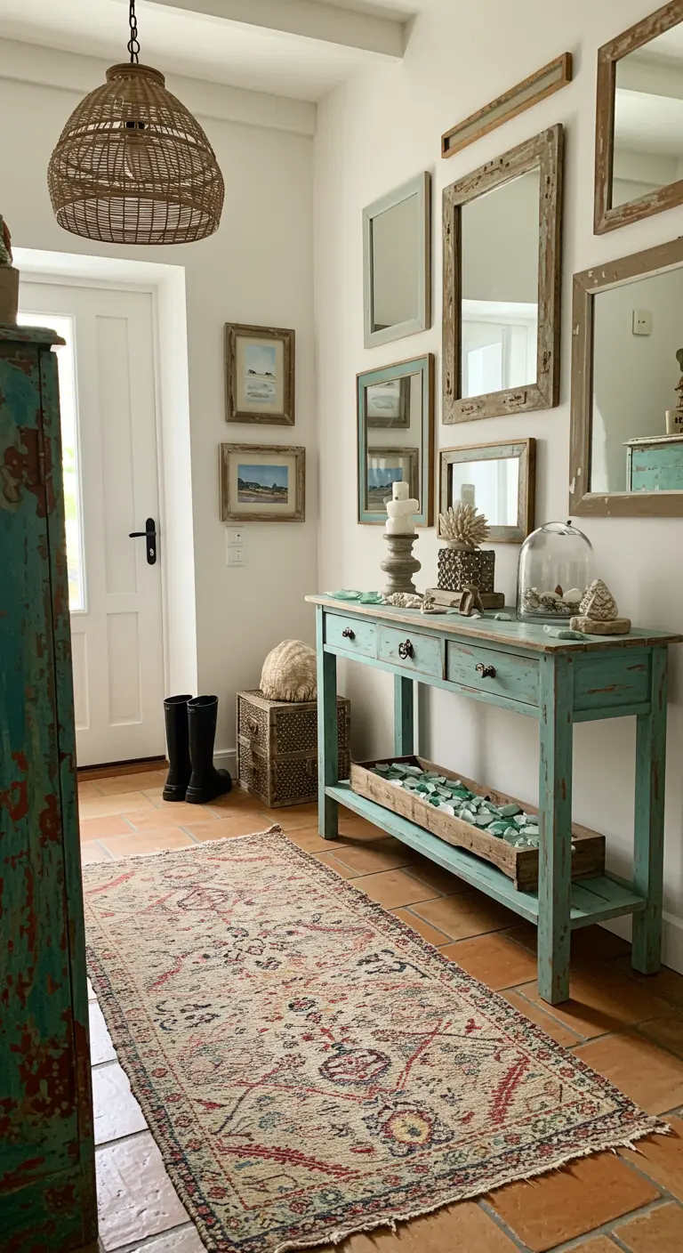 Recibidor costero con consola turquesa, alfombra étnica y una colección de espejos vintage.