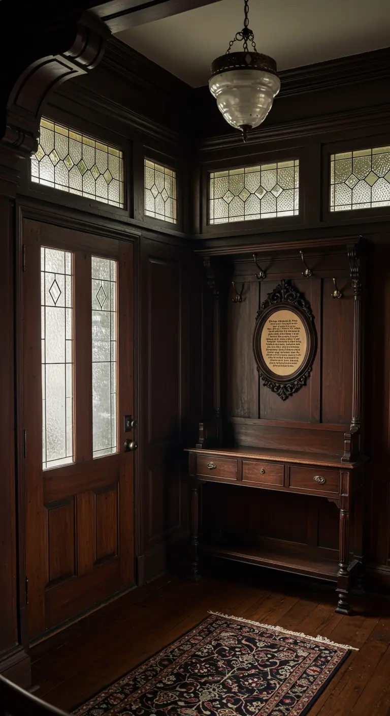 Entrada victoriana de madera oscura con un perchero antiguo y un cuadro de texto ovalado.