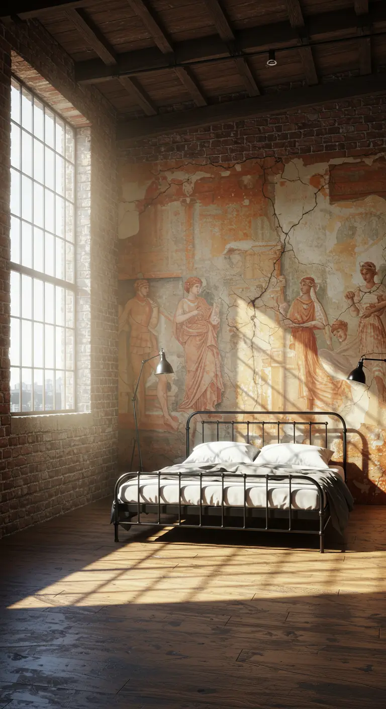 Dormitorio tipo loft industrial con un mural que imita un fresco antiguo y desgastado.
