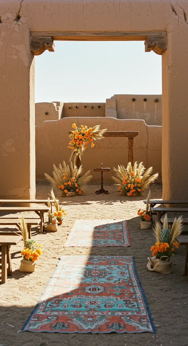 Pasillo de boda en un patio de adobe con varias alfombras de estilo navajo.
