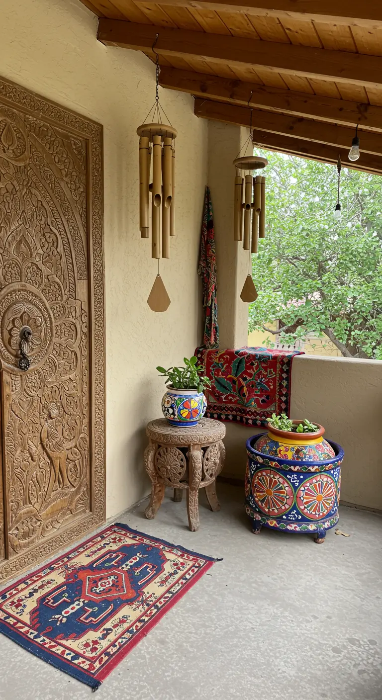 Porche de estilo global con una puerta de madera tallada, cerámica pintada a mano y carrillones de viento.