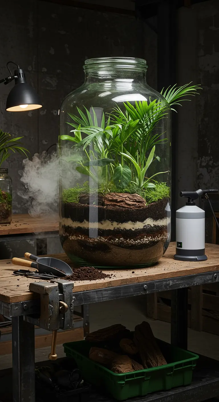 Un gran terrario de vidrio con plantas tropicales, capas de tierra y un vaporizador creando niebla.