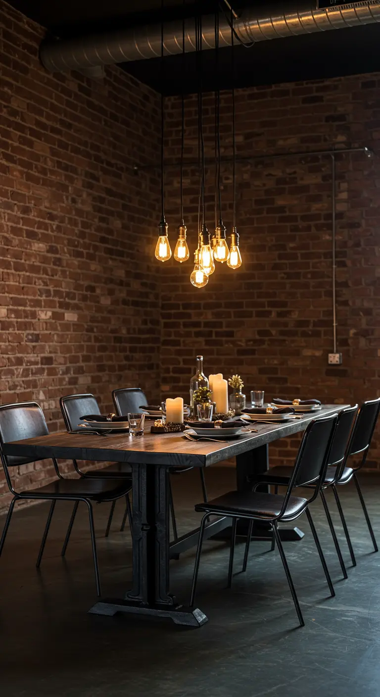 Comedor industrial con pared de ladrillo y un racimo de bombillas Edison sobre la mesa.
