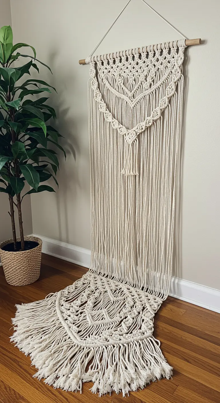 Tapiz de macramé extralargo que cuelga de la pared y se extiende por el suelo.