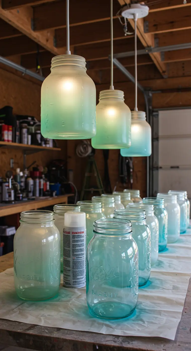 Frascos de vidrio pintados con spray en un degradado de color turquesa para simular el cristal de mar.