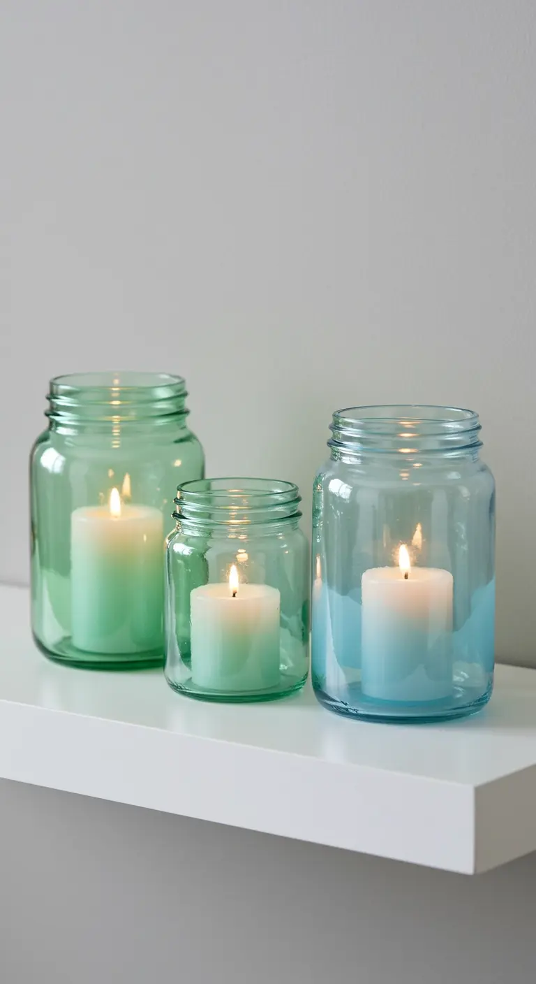 Tres portavelas de frasco tintados en tonos verde y azul, con velas encendidas dentro.