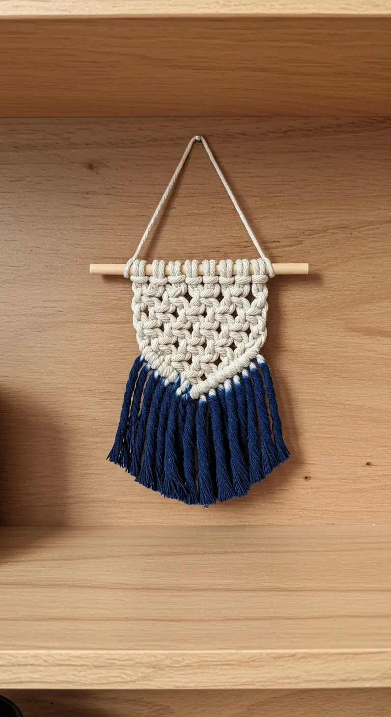 Pequeño tapiz de macramé de color crudo con los flecos teñidos en un intenso azul índigo.