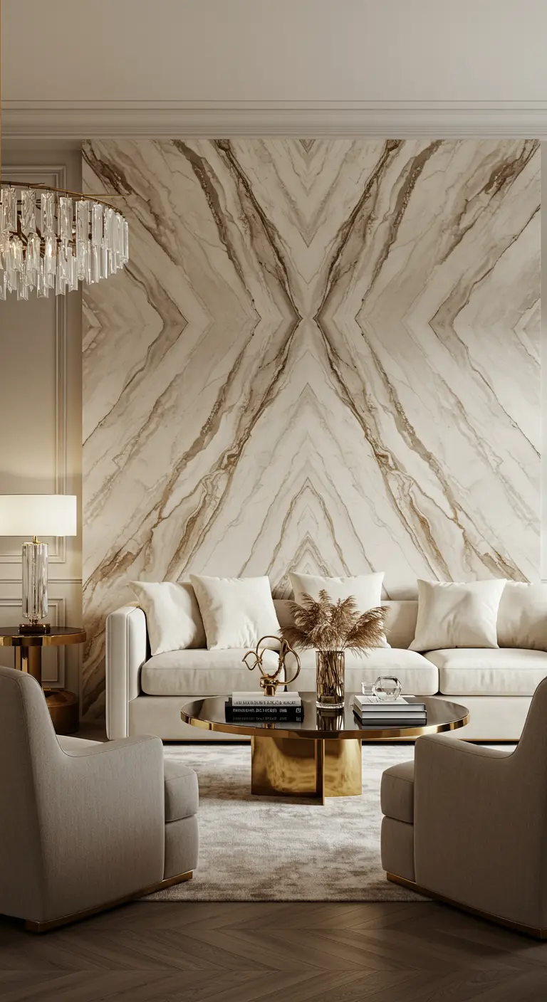 Sala de estar de lujo con una gran pared de mármol veteado y mobiliario en tonos crema y dorado.