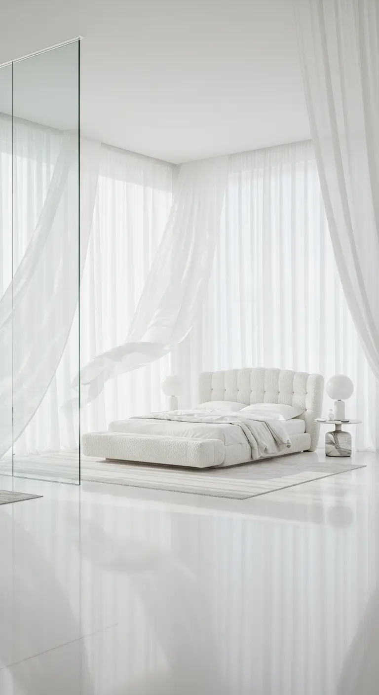 Dormitorio blanco etéreo con cortinas vaporosas que se mueven con el viento y una cama de tejido bouclé.