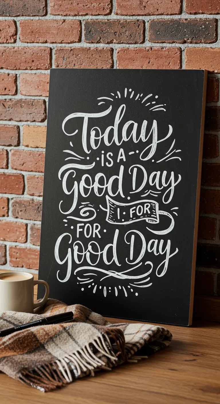 Cuadro negro con la frase 'Today is a good day for a good day' escrita con efecto tiza.