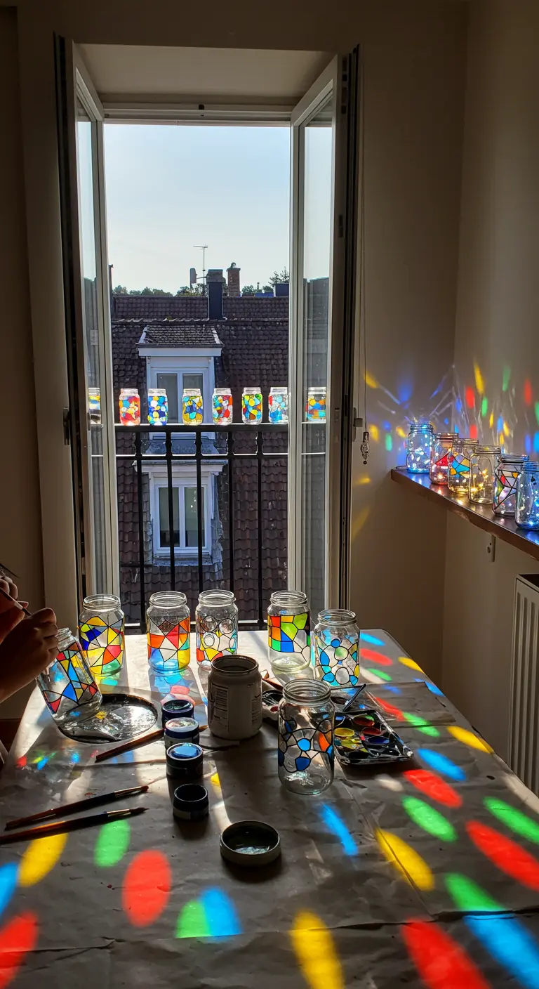 Frascos de vidrio pintados a mano con efecto vidriera, proyectando sombras de colores sobre una mesa.