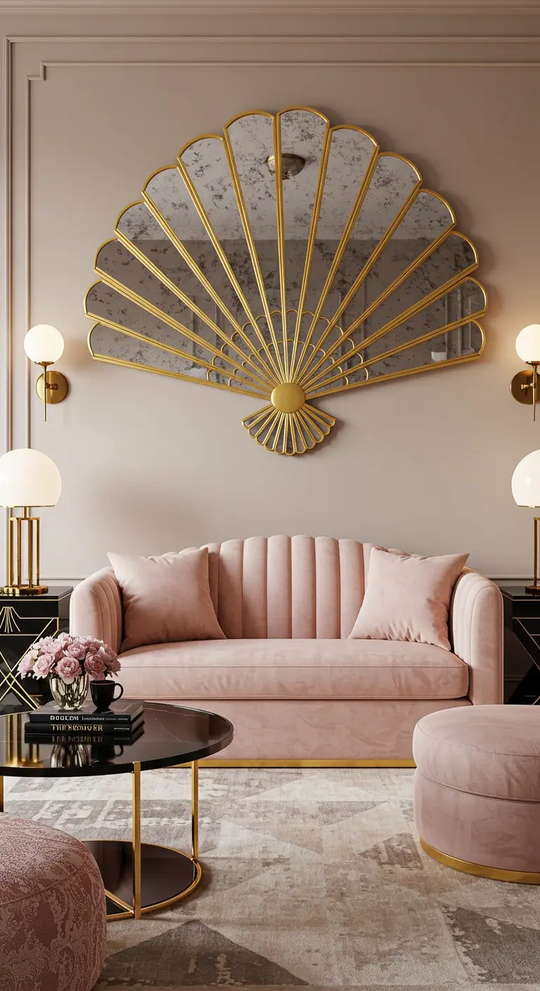 Espejo dorado en forma de abanico Art Decó sobre un sofá rosa de terciopelo