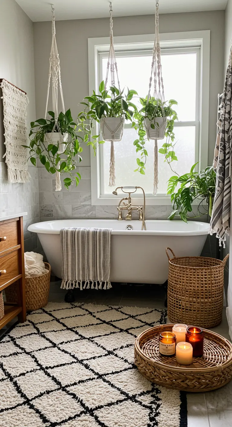 Baño bohemio clásico con bañera exenta, plantas colgantes de macramé y alfombra.