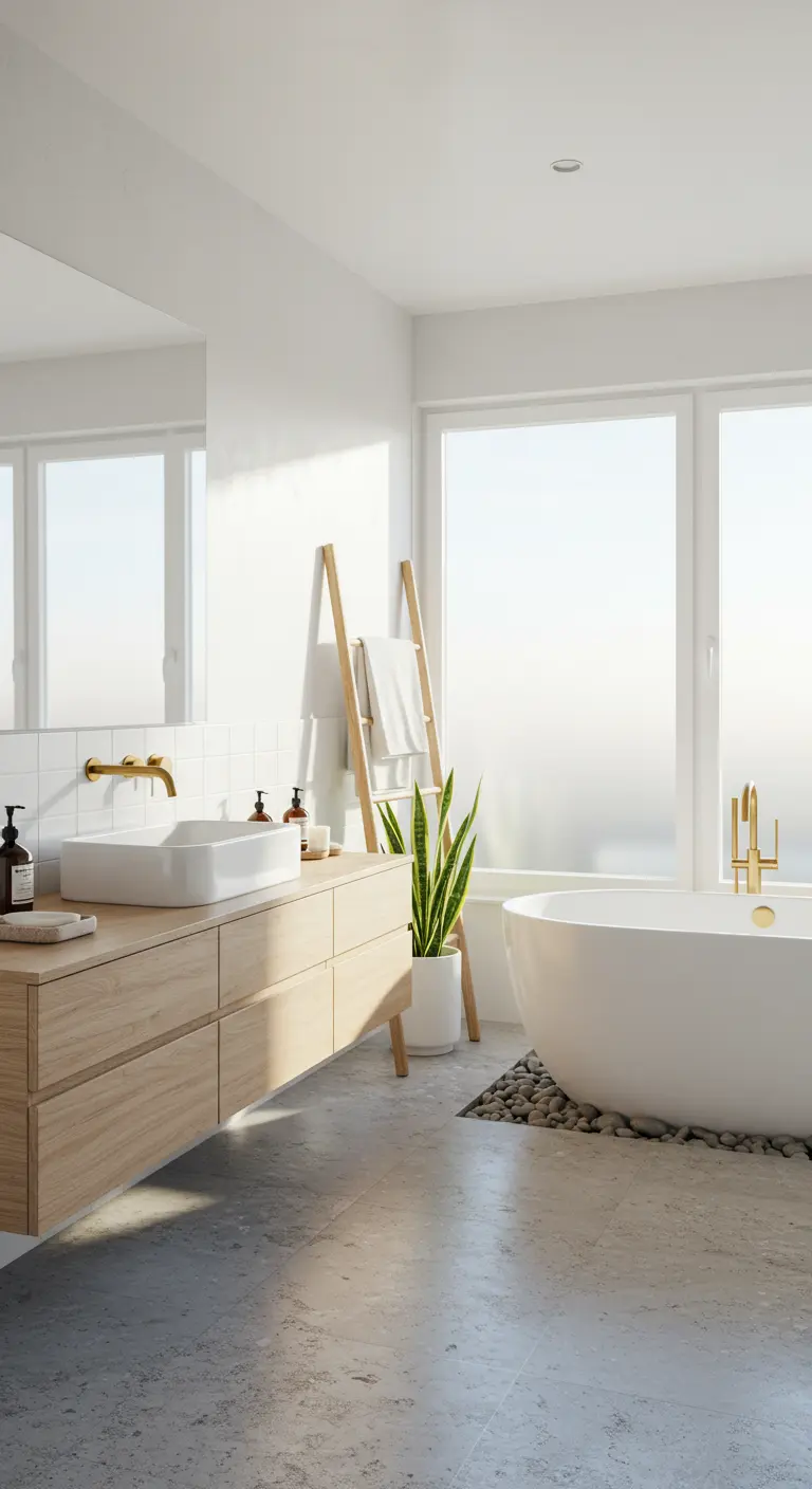 Baño escandinavo luminoso con mueble de madera clara, bañera exenta y una planta alta.