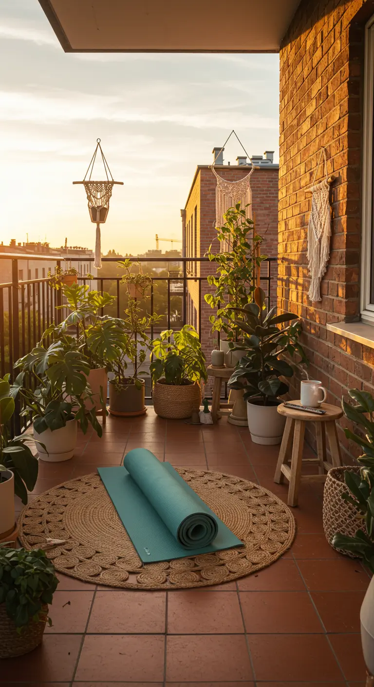 Balcón bohemio al atardecer con alfombra de yute, plantas y macramé.