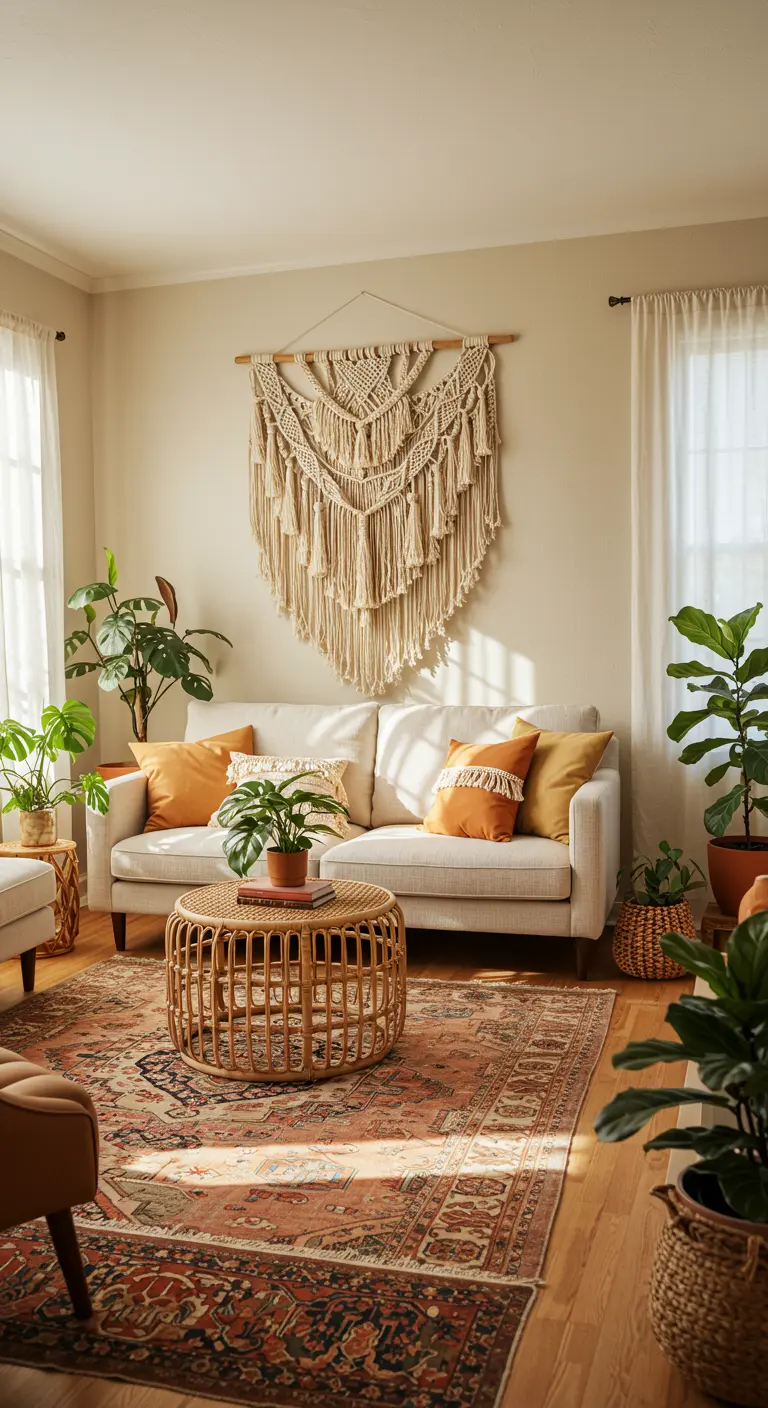 Sala de estar de estilo bohemio con un gran tapiz de macramé sobre un sofá blanco.