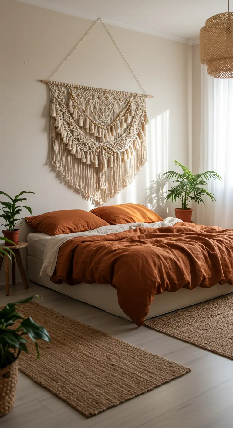 Dormitorio bohemio con un gran tapiz de macramé sobre la cama y ropa de cama en tonos tierra.