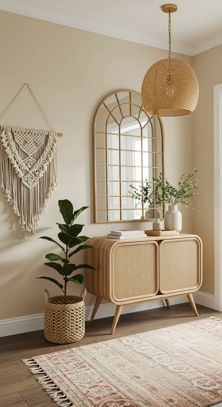 Recibidor de estilo boho con mueble de ratán, tapiz de macramé y espejo en forma de arco.