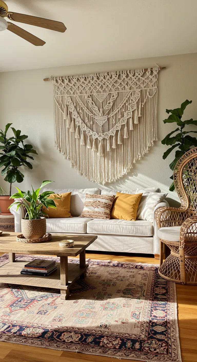Sala de estar boho chic con un gran tapiz de macramé sobre un sofá blanco y plantas.
