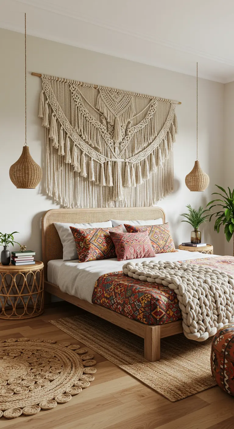 Gran tapiz de macramé colgado sobre una cama de ratán con cojines de colores.