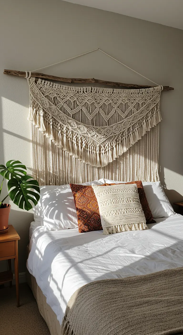 Cabecera de macramé en tono crudo colgada de una rama sobre una cama con luz solar.