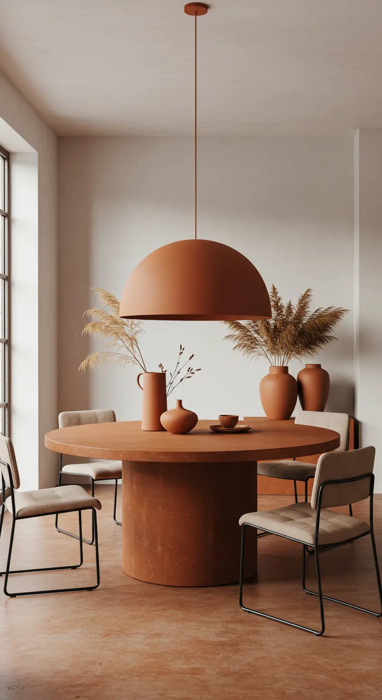 Comedor monocromático en tonos terracota con mesa y lámpara de cúpula a juego.