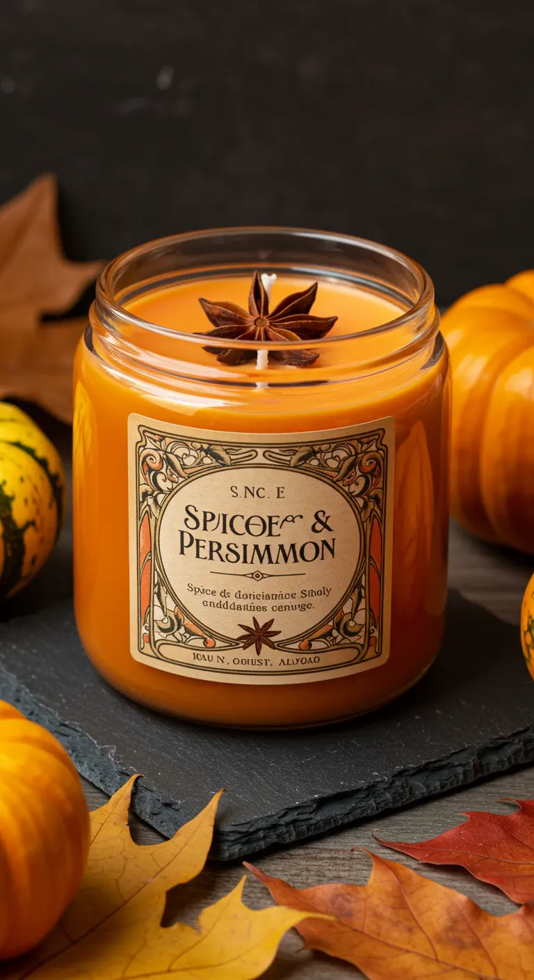 Vela naranja de especias y caqui con una etiqueta Art Nouveau y una estrella de anís en la superficie.