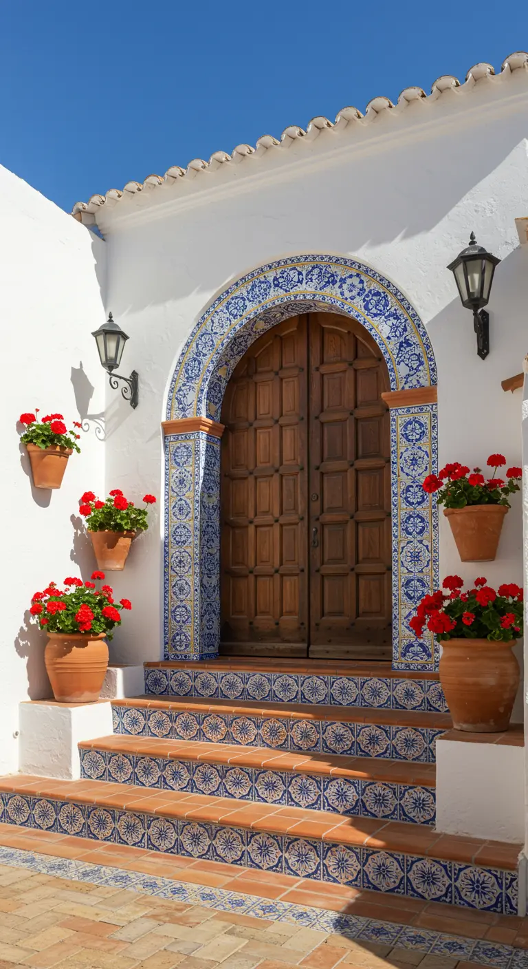 Entrada andaluza con puerta de madera, arco de azulejos azules y macetas de geranios rojos.