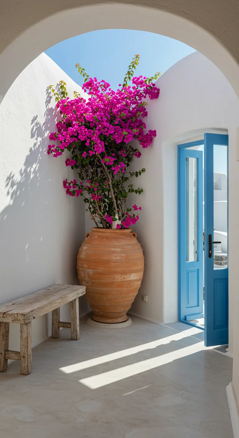 Entrada mediterránea con arco blanco, buganvilla fucsia en maceta de terracota y puerta azul.