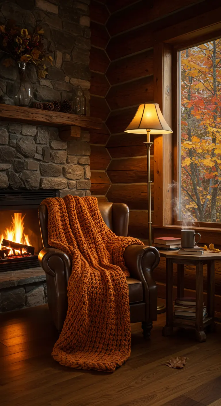 Sillón de cuero junto a una chimenea de piedra con una manta naranja de punto grueso.