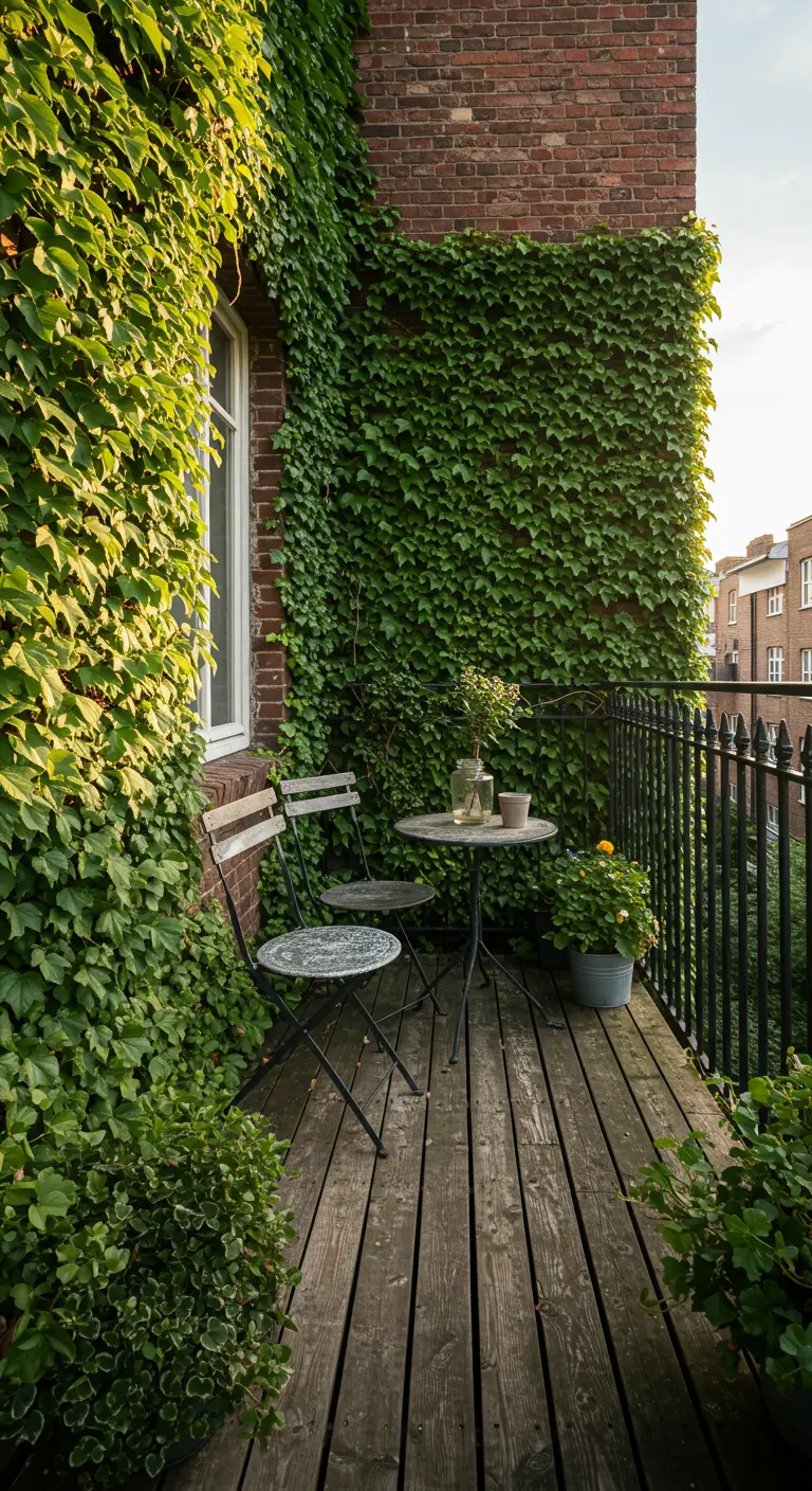 Balcón con pared de ladrillo cubierta de hiedra y un pequeño set de bistró.