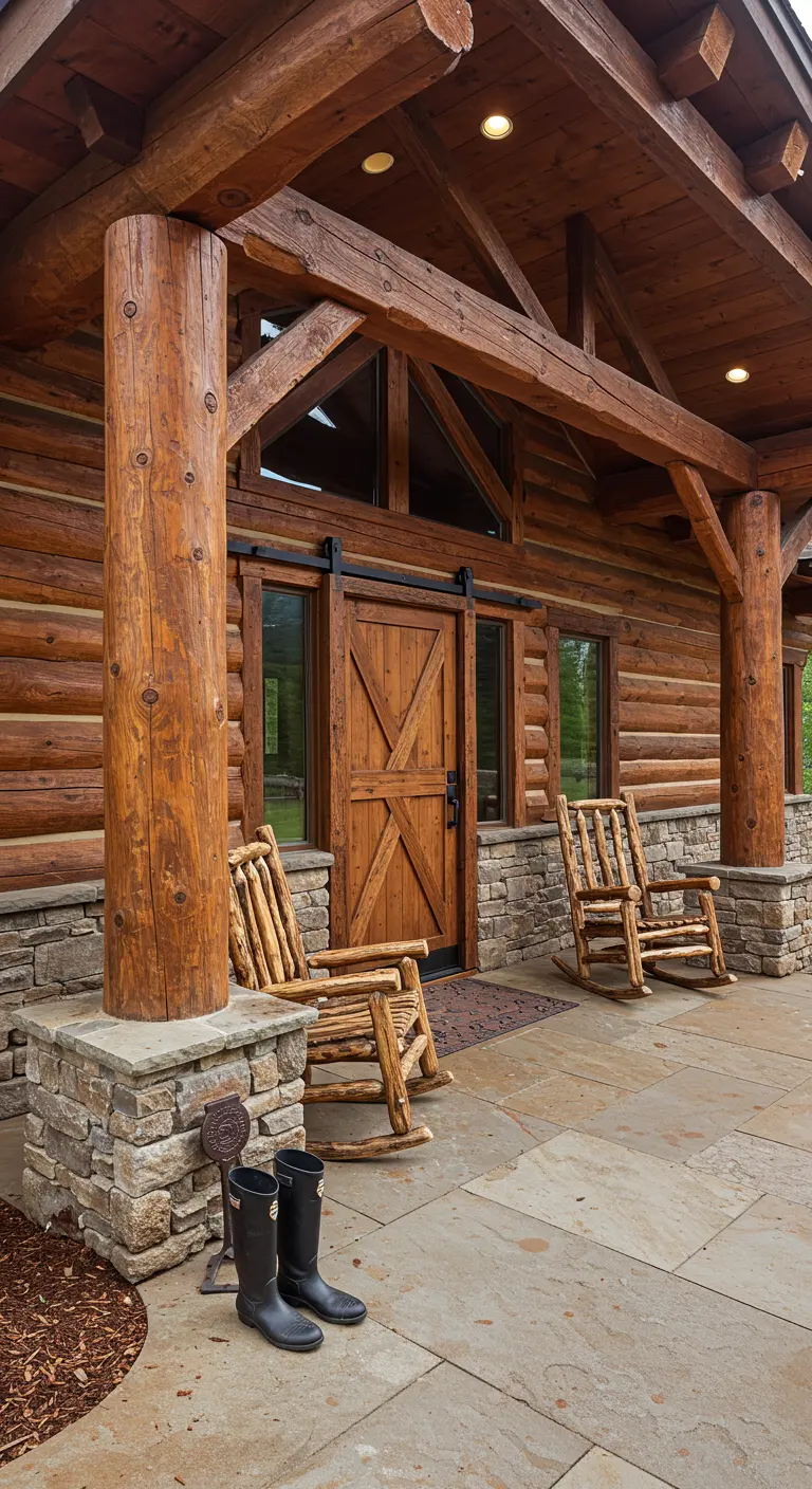 Porche de una cabaña de troncos con una puerta de granero a juego y mecedoras de madera.