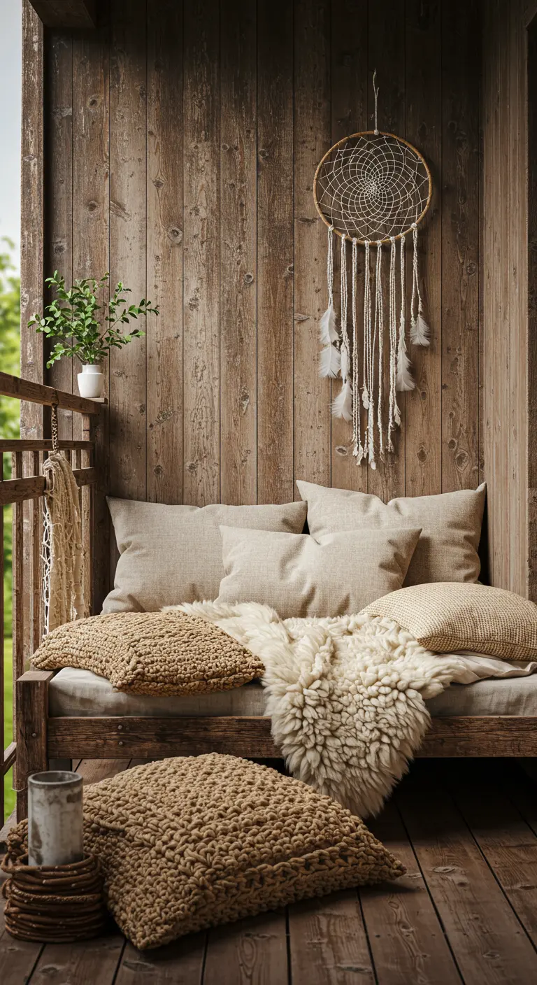 Balcón rústico con paredes de madera, sofá con cojines de lino y texturas naturales como crochet y lana.