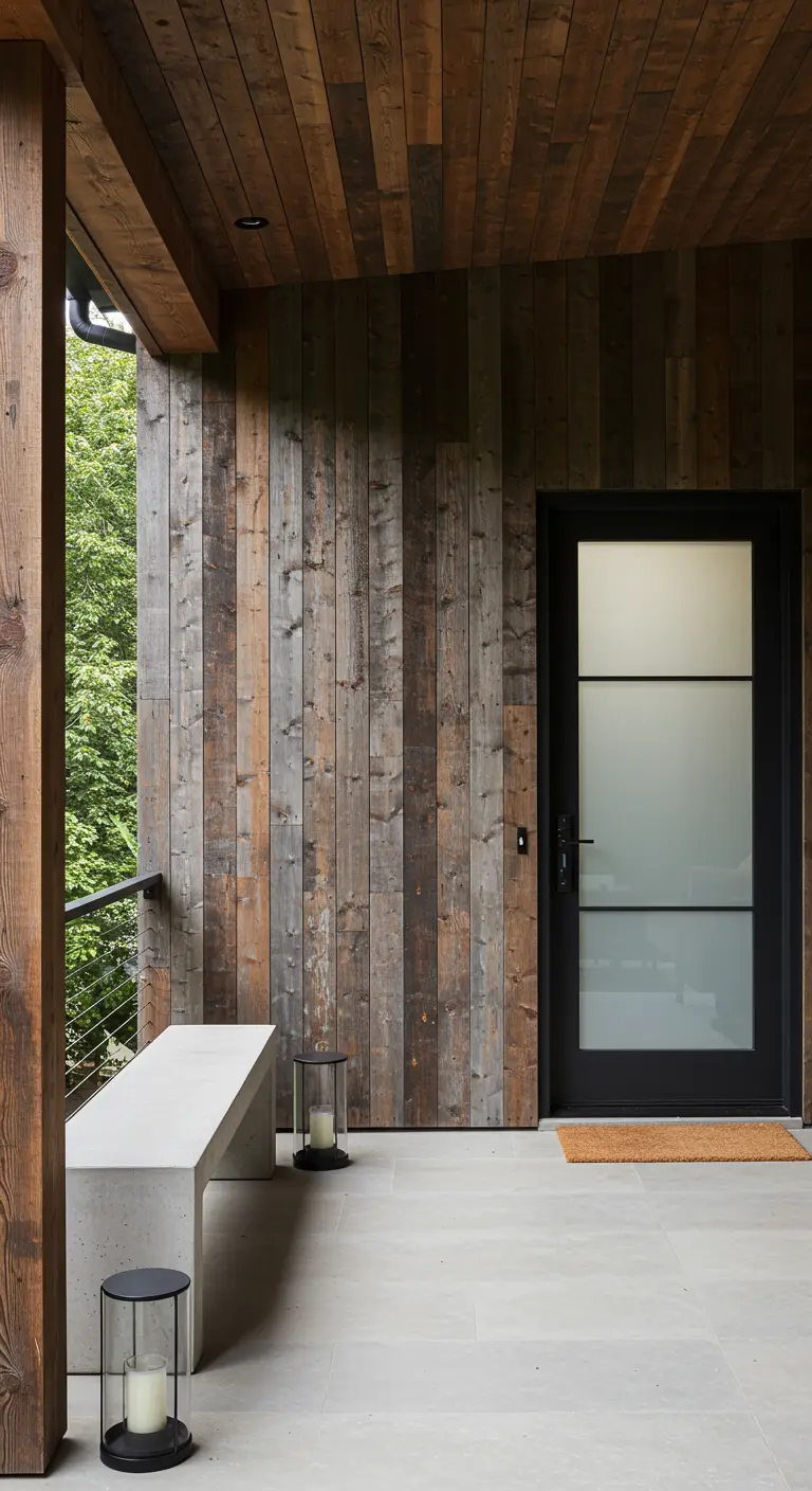 Porche moderno con una pared de madera recuperada, banco de hormigón y puerta de cristal negro.