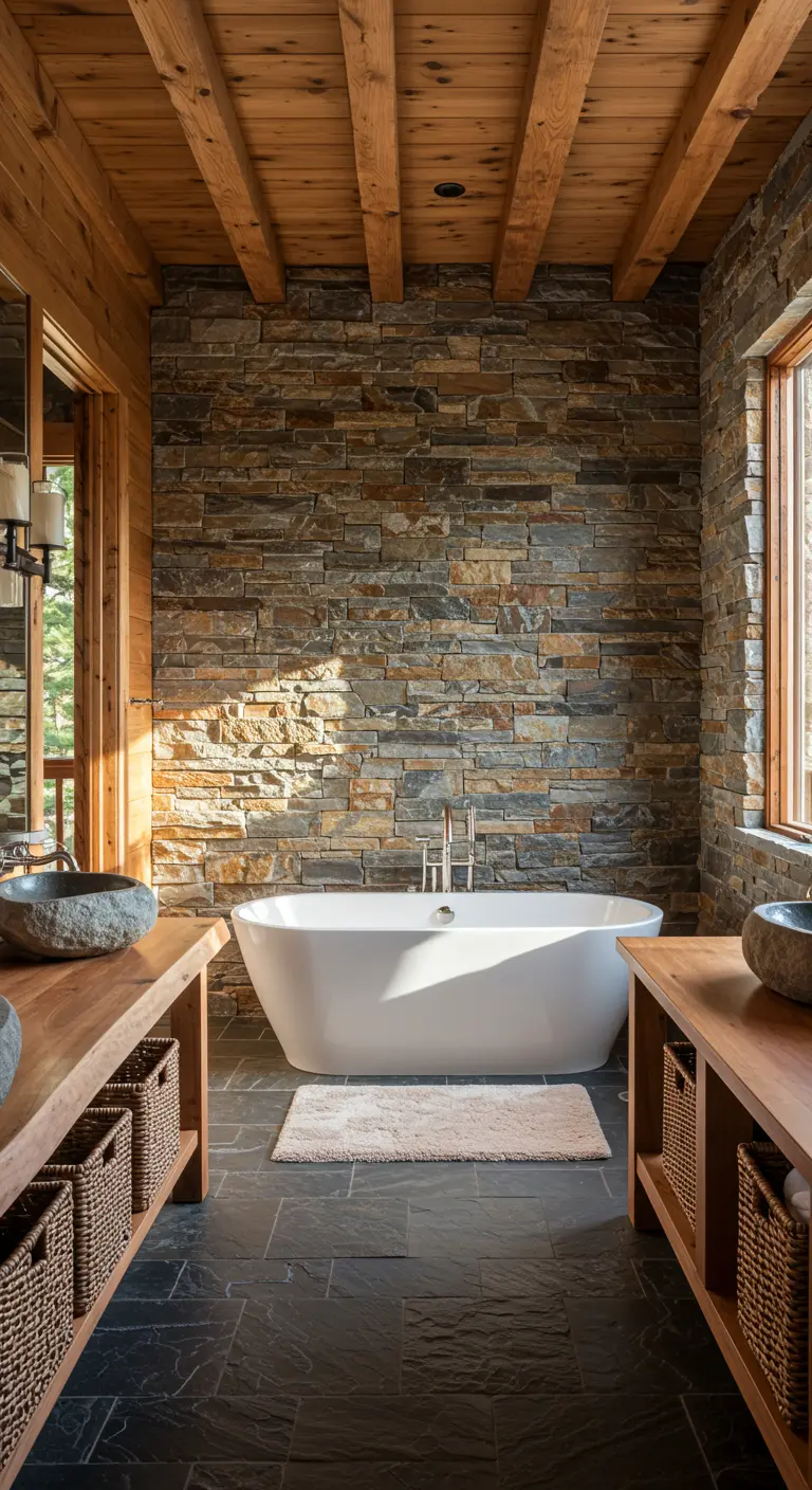 Baño rústico con pared de piedra laja, techo de madera con vigas y bañera blanca exenta.