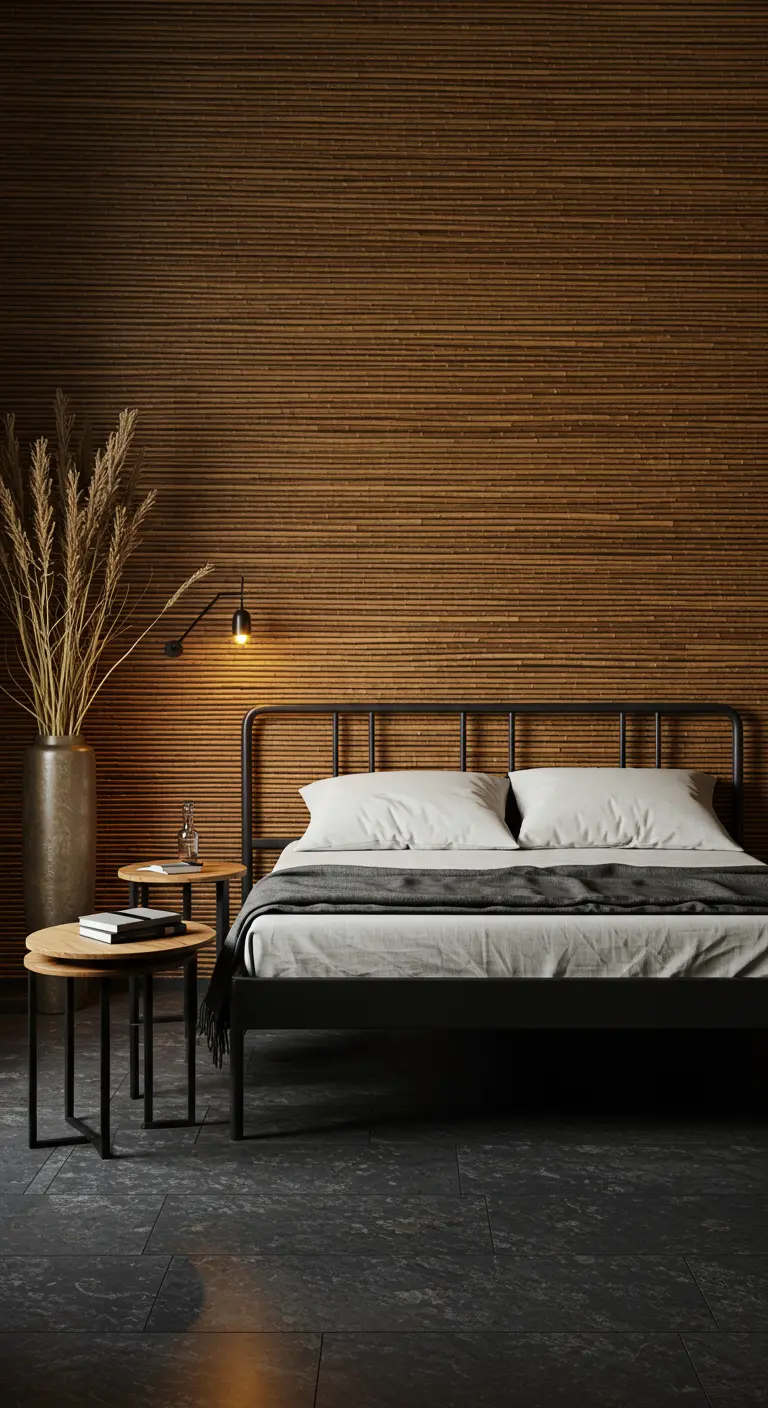 Dormitorio con pared de acento revestida de bambú y una cama de metal negro.