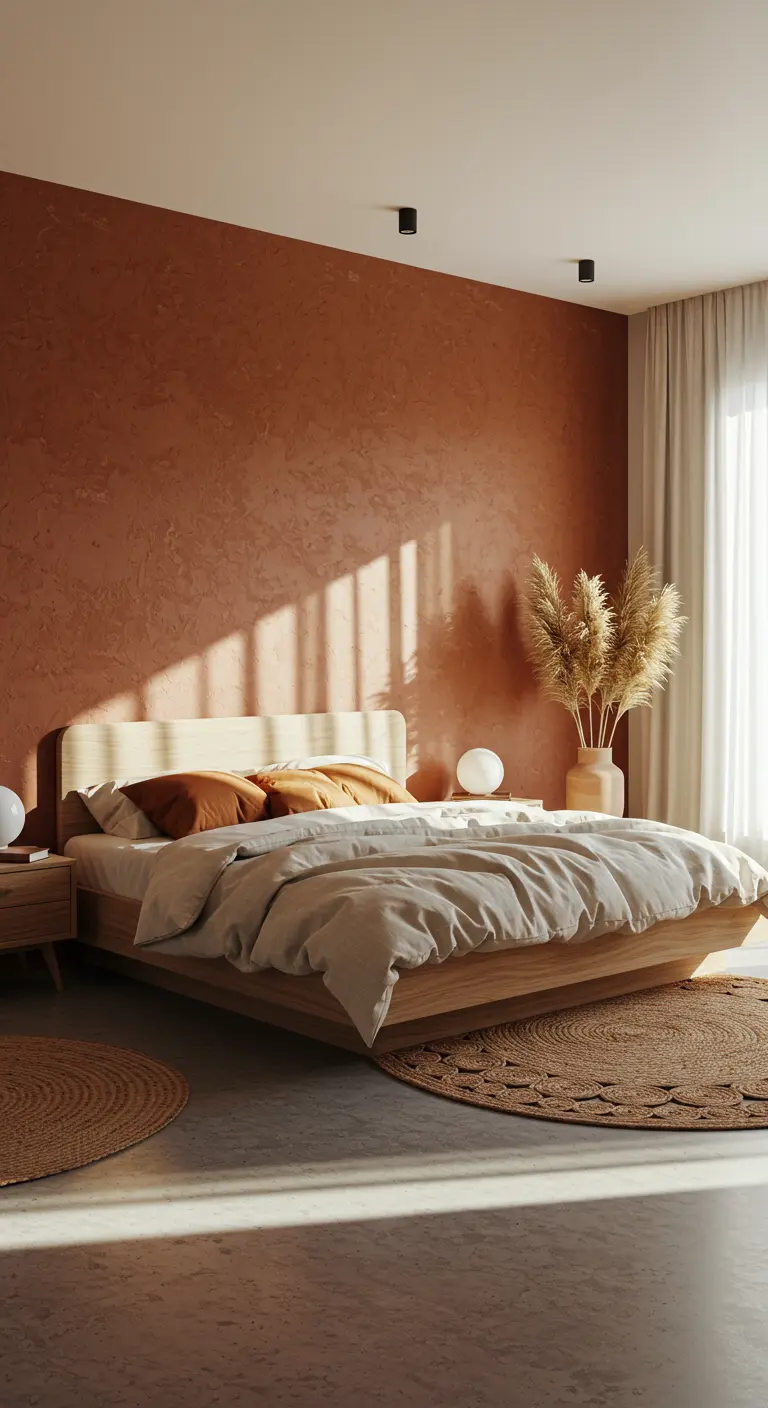 Dormitorio minimalista con pared de acento en terracota texturizada y cama de madera clara